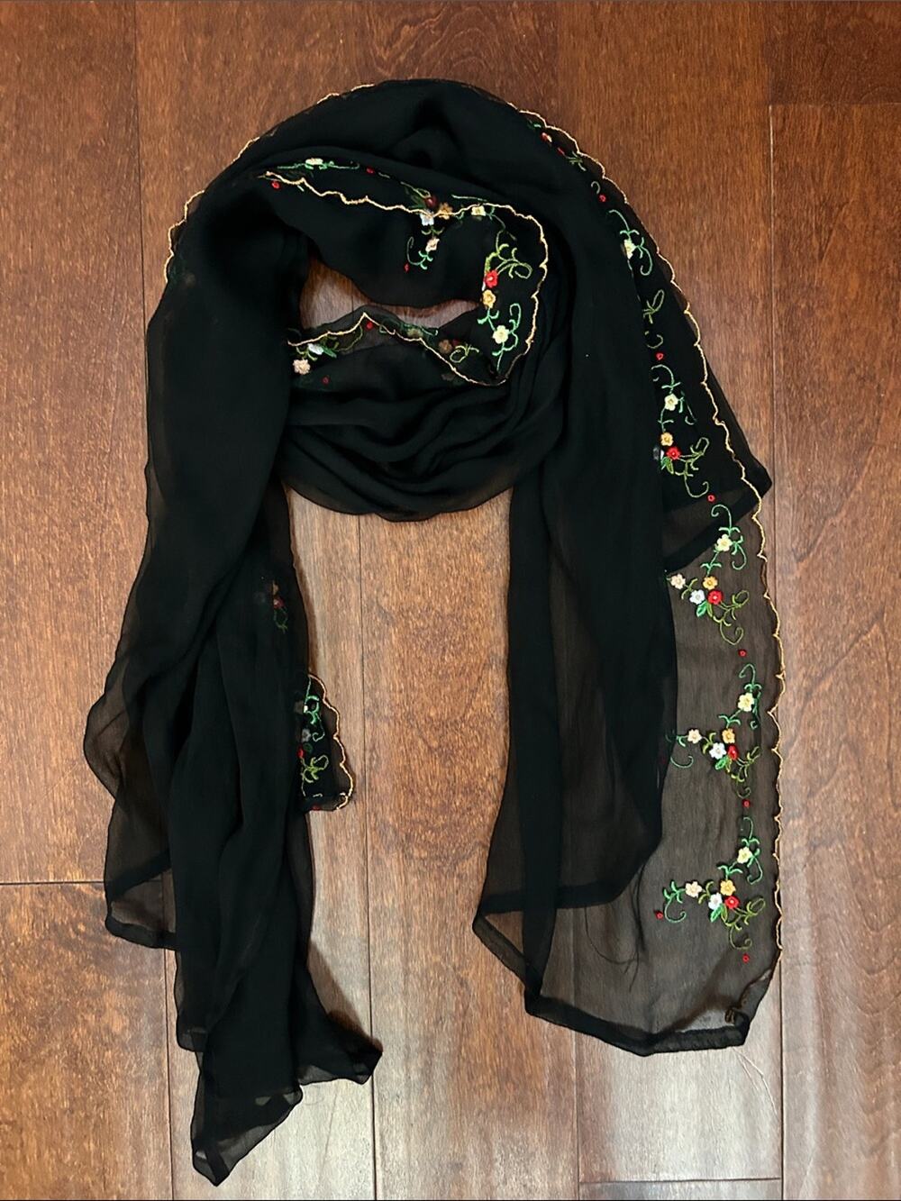 Black Sheer Scalloped Scarf with Colorful Floral Embroidery, Feminine Witchy